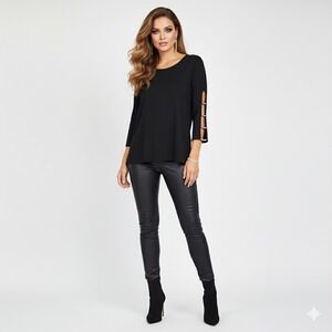 89th and Madison Top Womens 1X Black Rhinestone Trim Cutout Stretch Classic Chic